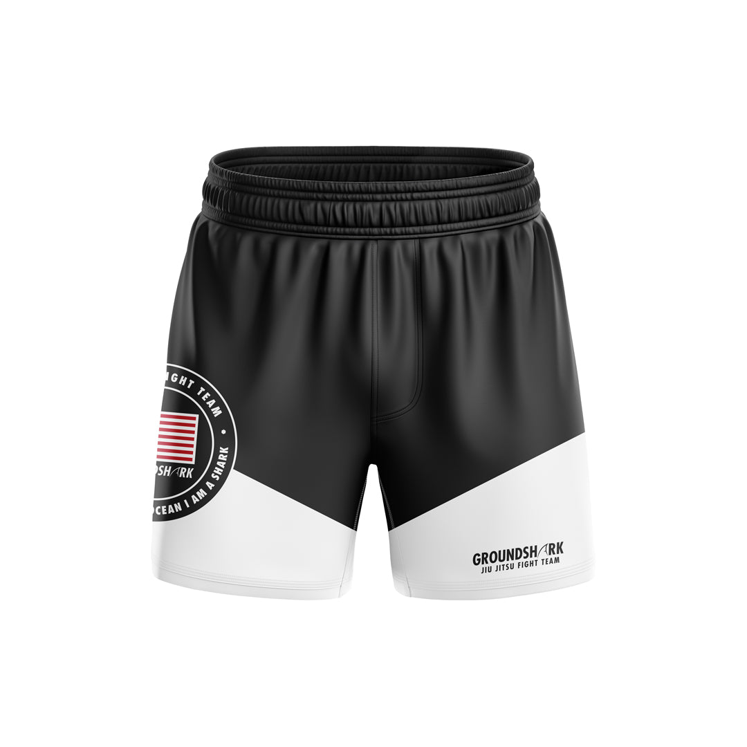 GROUNDSHARK Black / White (Elastic) Jiu Jitsu BJJ Nogi Shorts