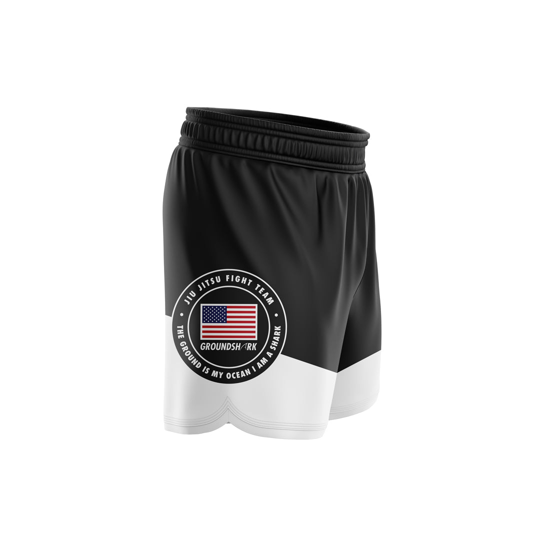 GROUNDSHARK Black / White (Elastic) Jiu Jitsu BJJ Nogi Shorts Side