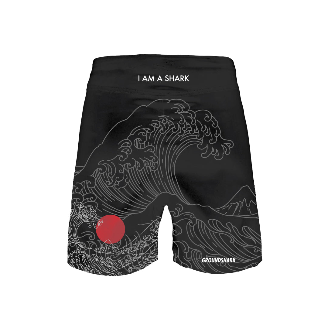 GROUNDSHARK Great Wave (Velcro) - Jiu Jitsu BJJ Nogi Shorts Back