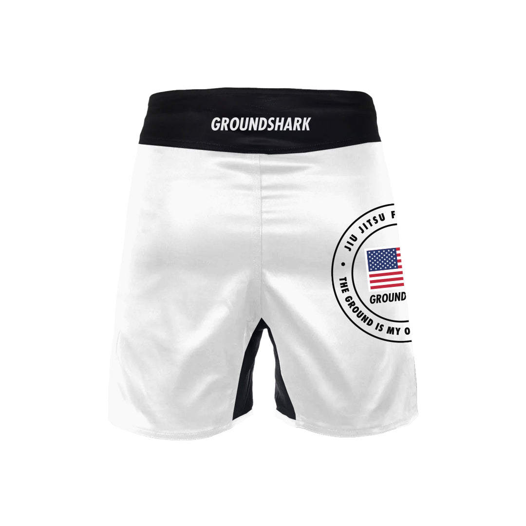 GROUNDSHARK USA White (Velcro) - Jiu Jitsu BJJ Nogi Shorts Back